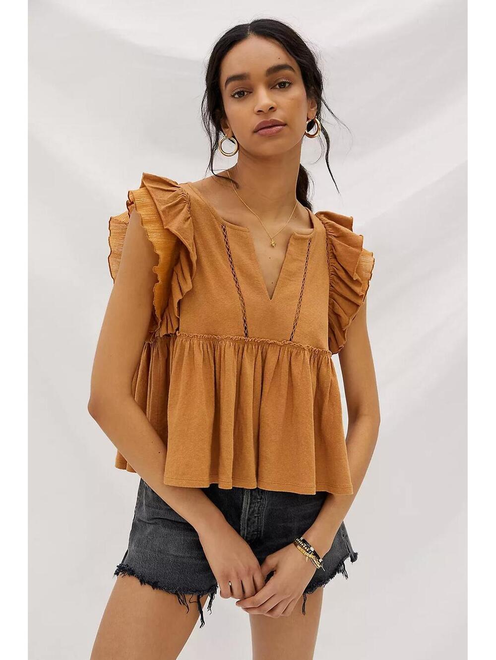 Anthropologie Rust Caroline Boho Flutter Sleeve Babydoll Blouse Top Size XS - Picture 1 of 9